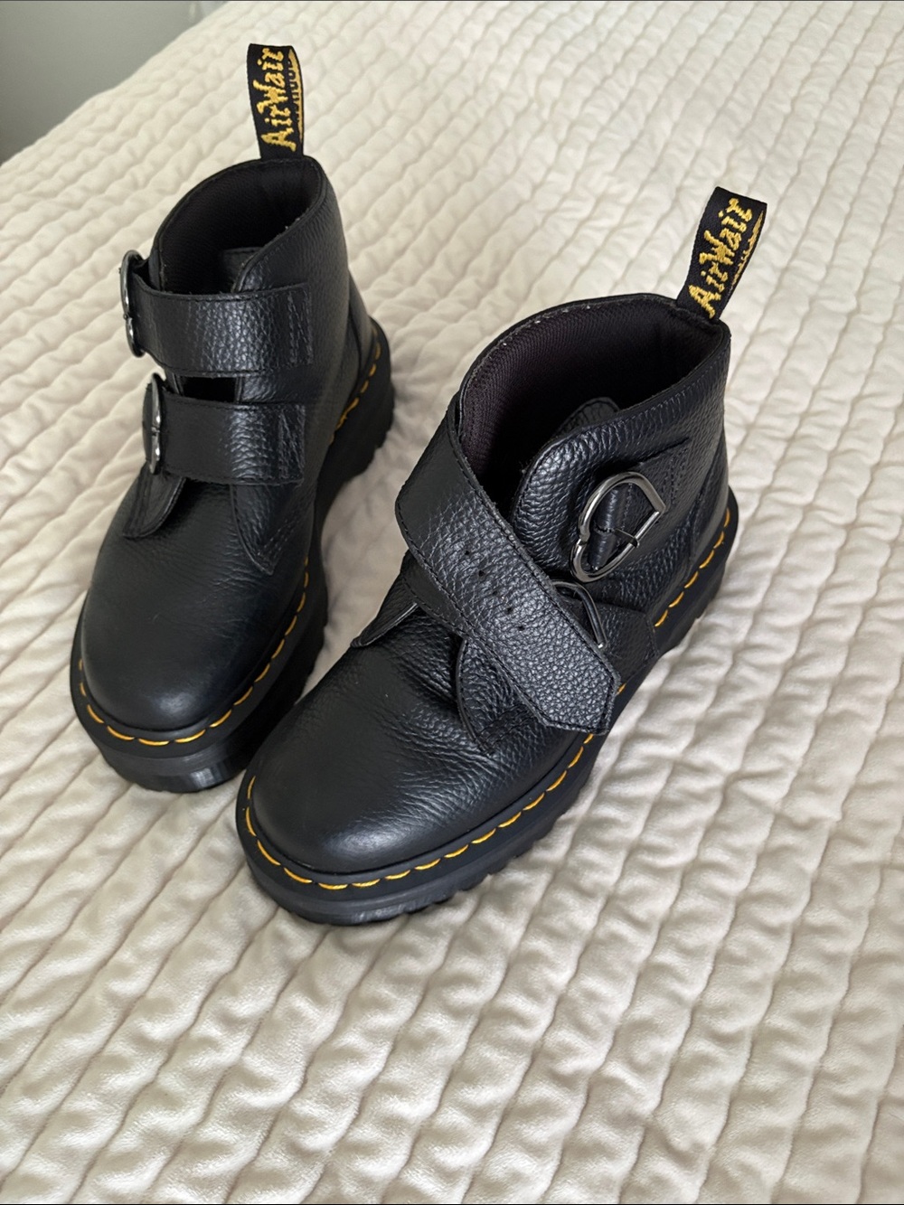 Dr. Martens Black Leather Heart-Buckle Platform Boots - Picture 3 of 4